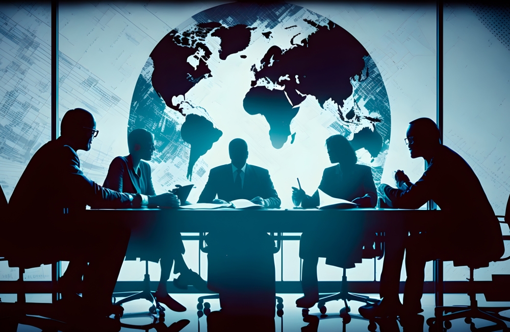 a-group-of-people-sitting-around-a-table-with-a-globe-in-the-background